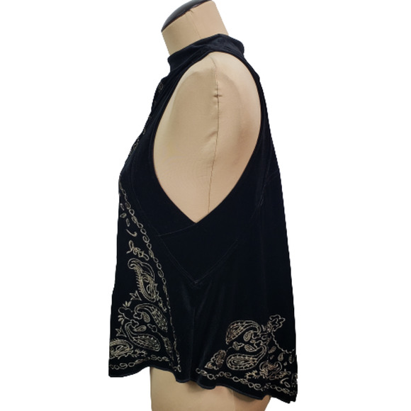 SOLD Free People Black Velvet Gold Embroidered Bandana Top Sz L - Picture 7 of 12